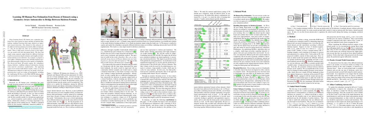Learning 3D Human Pose Estimation from Dozens of Datasets using a Geometry-Aware Autoencoder to Bridge Between Skeleton Formats